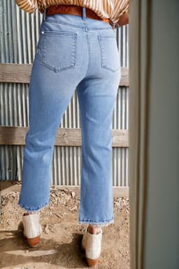 image-Beau Blue High Waist Flared Jeans - Raw Hem, Mineral Wash, 60" Modern