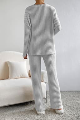 image-Ribbed Knit V Neck Slouchy Two-Piece Outfit - Khaki Modern Chic