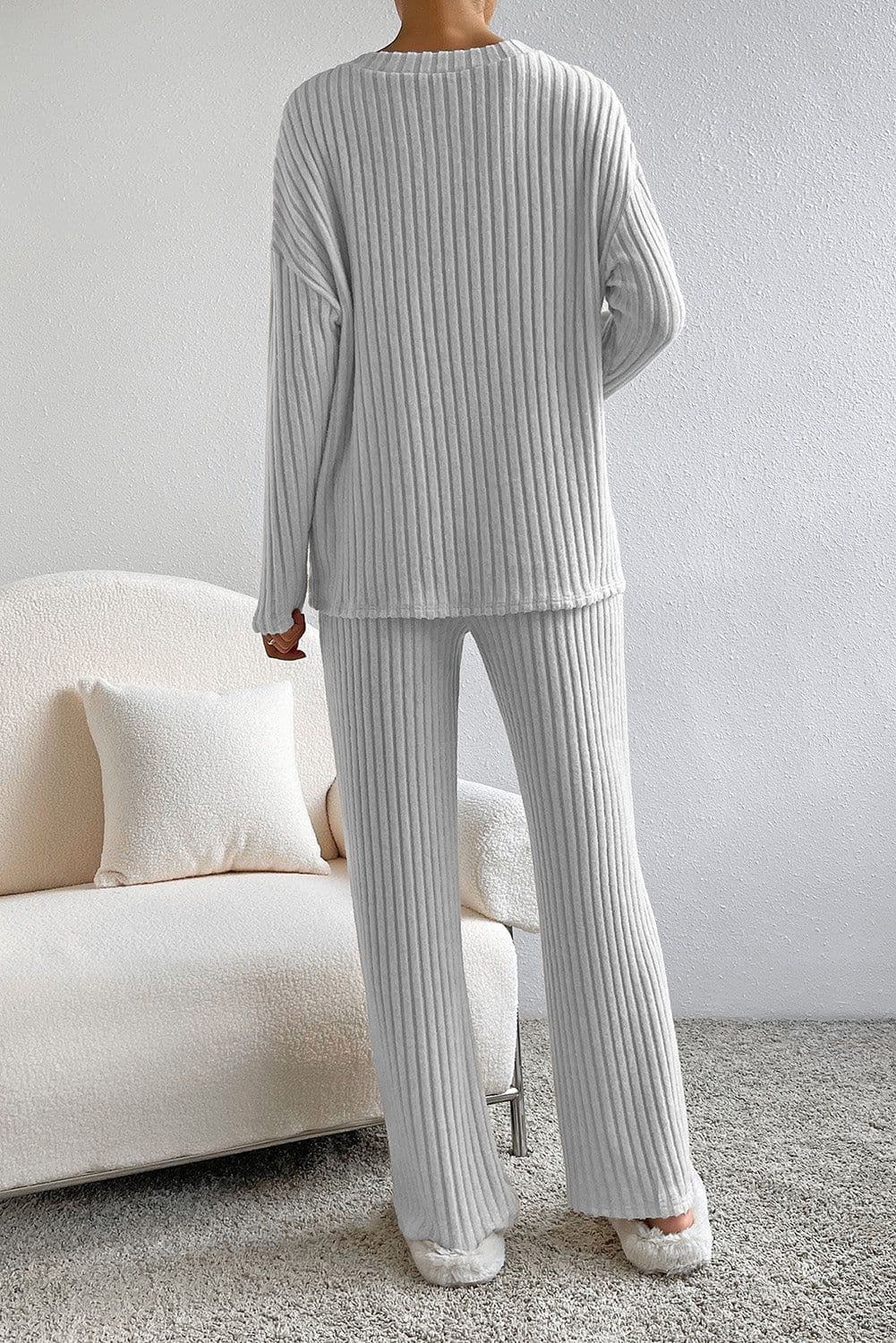 image-Ribbed Knit V Neck Slouchy Two-Piece Outfit - Khaki Modern Chic