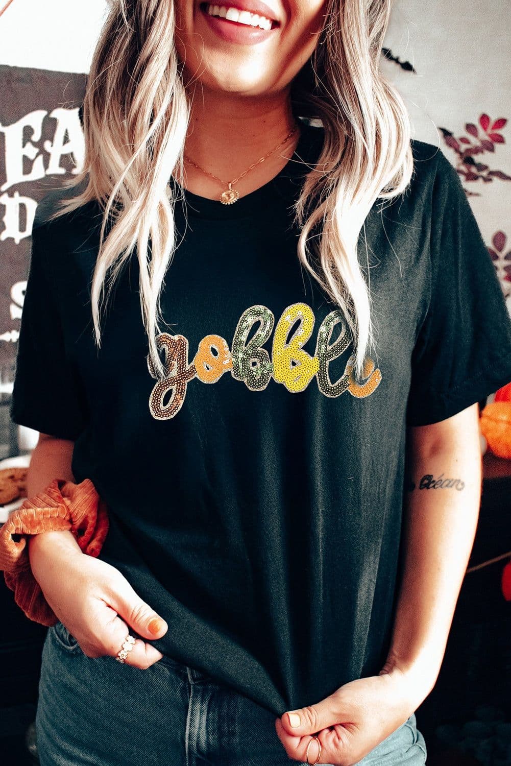 image-Black Gobble Sequin Graphic Thanksgiving T-Shirt
