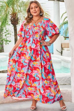 image-Rose Abstract Printed Puff Sleeve Smocked Dress Plus