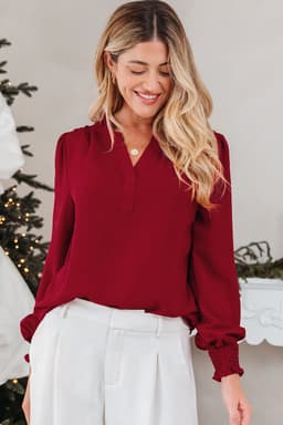 image-Burgundy Long Sleeve Blouse Shirred Cuff V-Neck