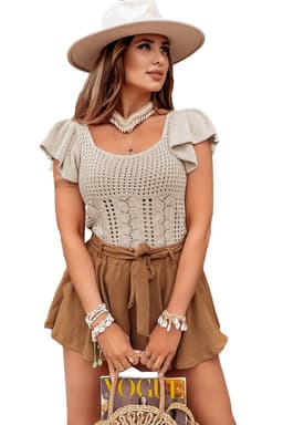 image-Beige Pointelle Knit Flutter Sleeve Sweater - Versatile & Chic