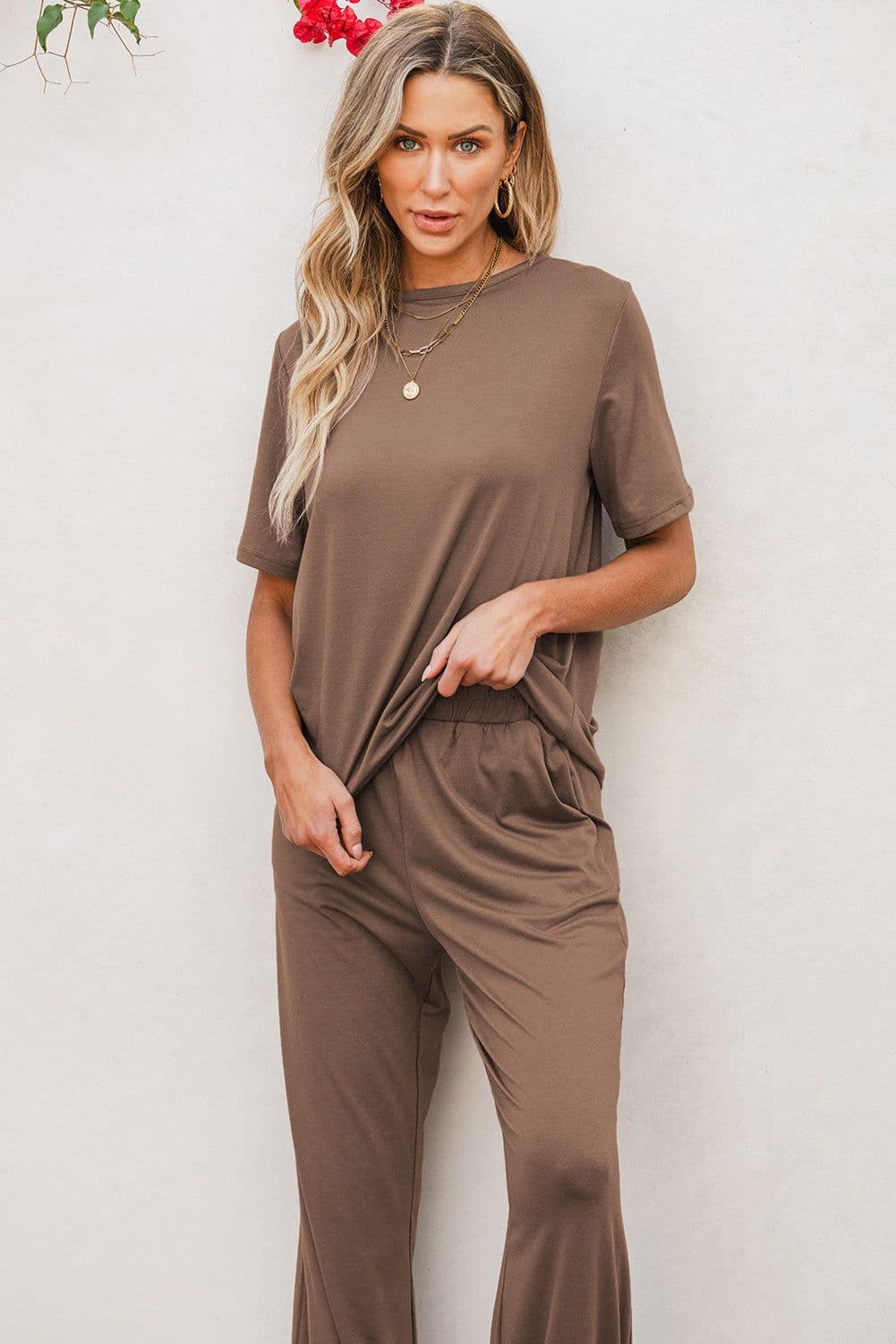 image-Solid Color T-Shirt & Wide Leg Pants Set - 2pcs - Comfortable Fabric