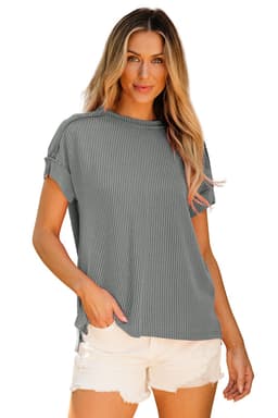 image-Medium Grey Textured Knit T-shirt with Exposed Stitching