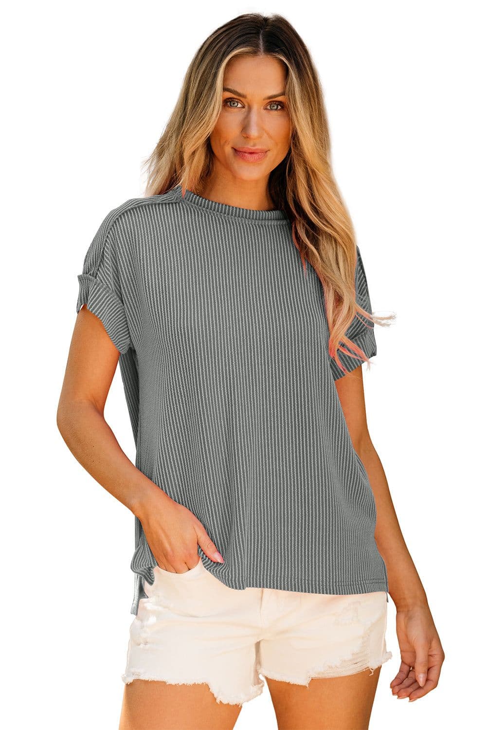 image-Medium Grey Textured Knit T-shirt with Exposed Stitching