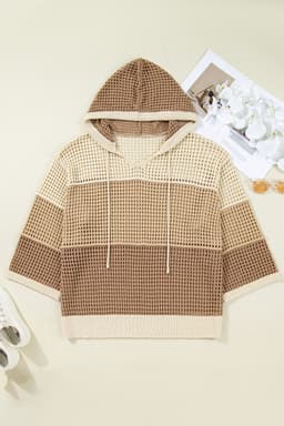 image-Parchment Colorblock Hollowed Knit Plus Size Hooded Jumper Sweater