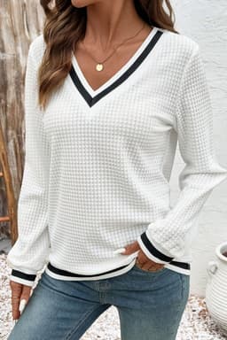image-White Textured Knit V-Neck Pullover Striped Trim