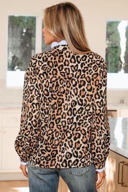 image-Brown Wild Leopard Print Contrast Striped Frilled Trim Chic Shirt