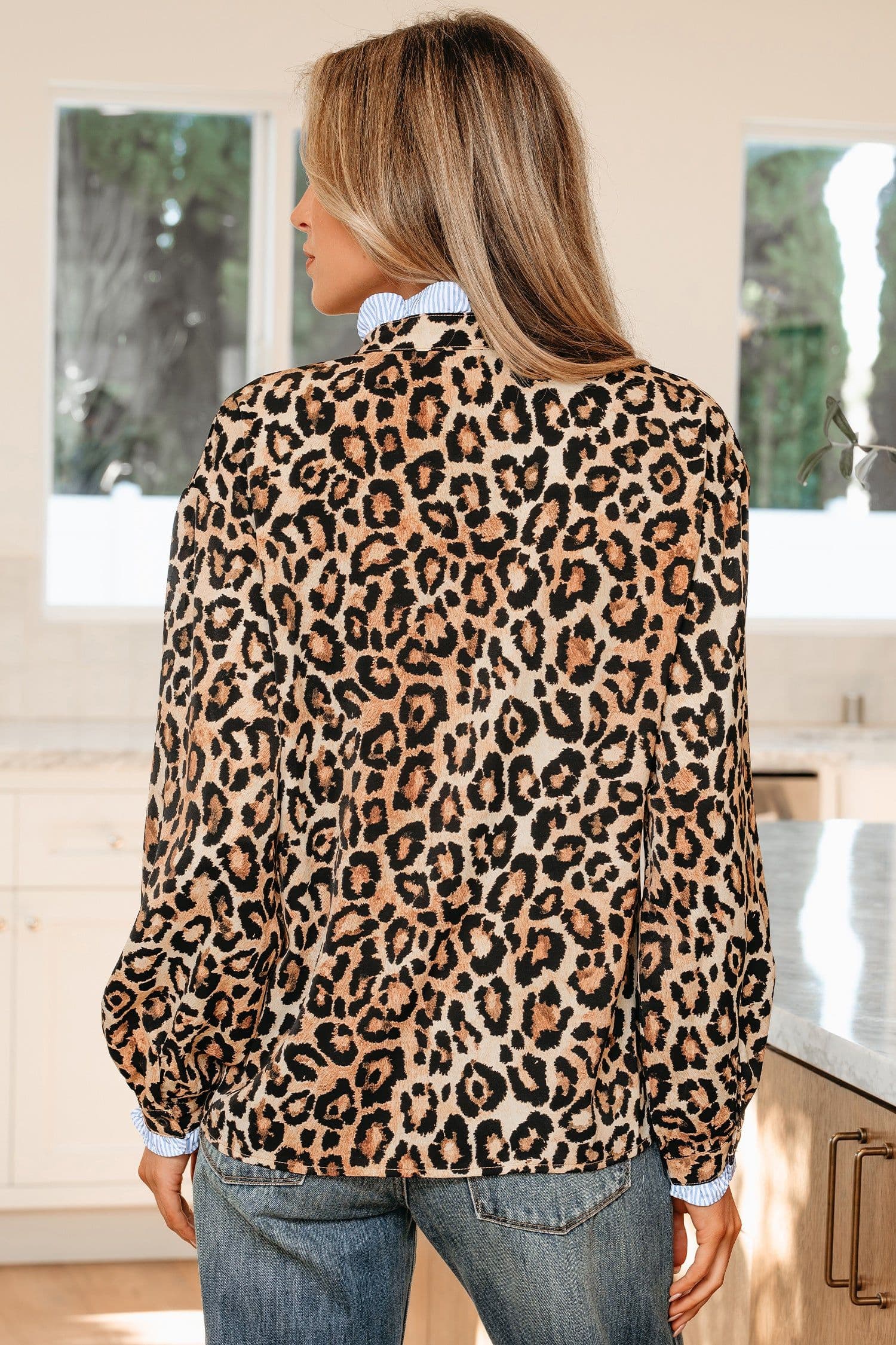 image-Brown Wild Leopard Print Contrast Striped Frilled Trim Chic Shirt