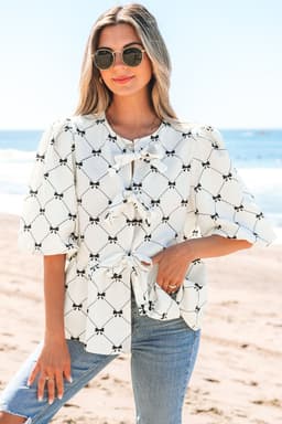 image-White Bowknot Blouse Bubble Sleeve Front Knots