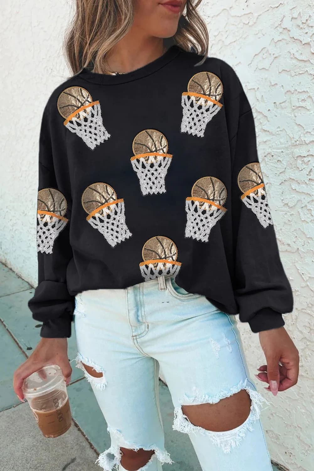 image-Game Day Crew Neck Basketball Patch Graphic Sweatshirt - Black (60 characters)