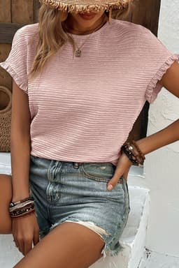 image-Light Pink Ruffled Short Sleeve Blouse - Solid Texture Elegant Design