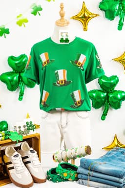 image-Bright Green Sequin St Patricks Day Hat Relaxed T Shirt