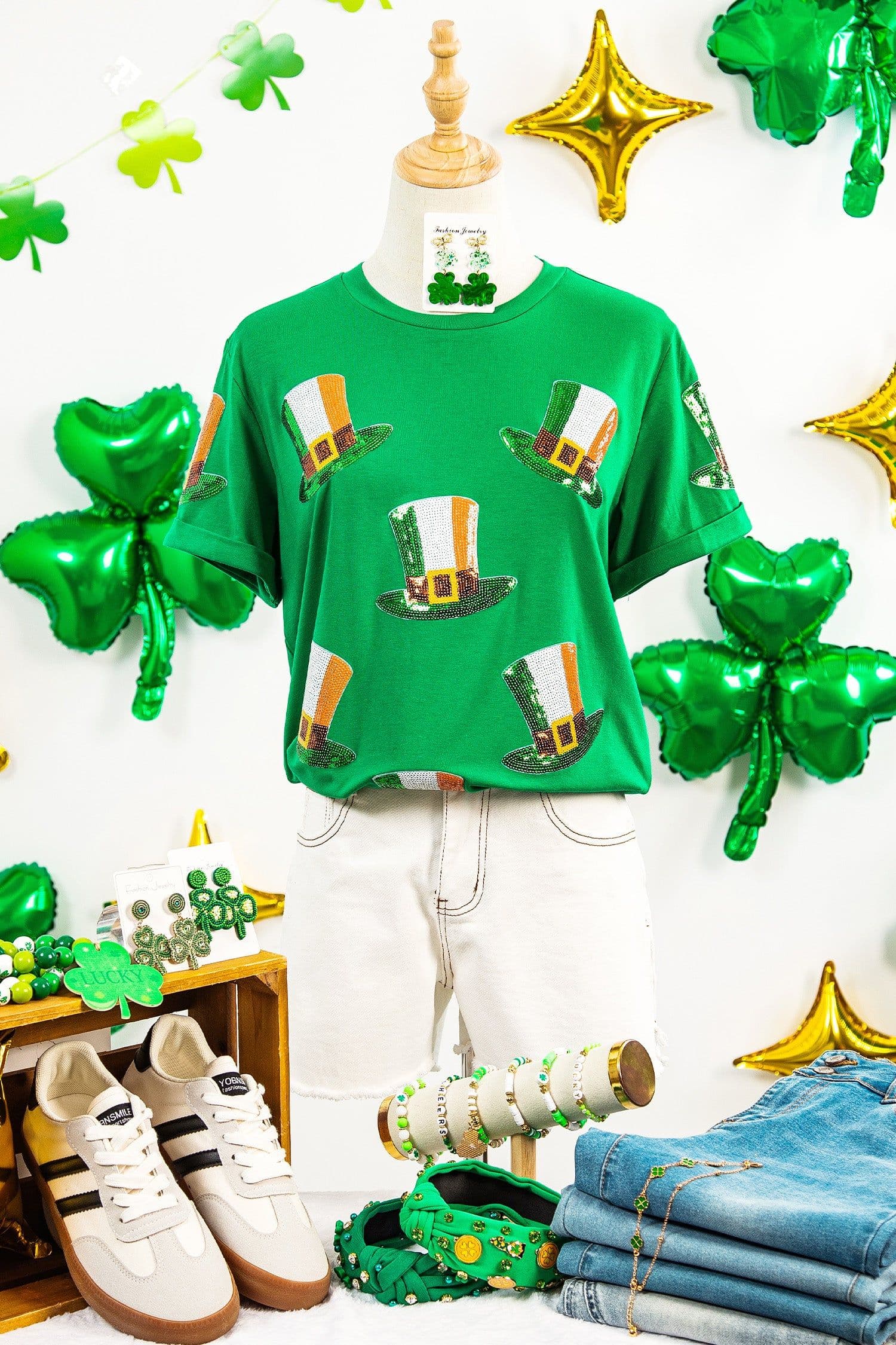 image-Bright Green Sequin St Patricks Day Hat Relaxed T Shirt