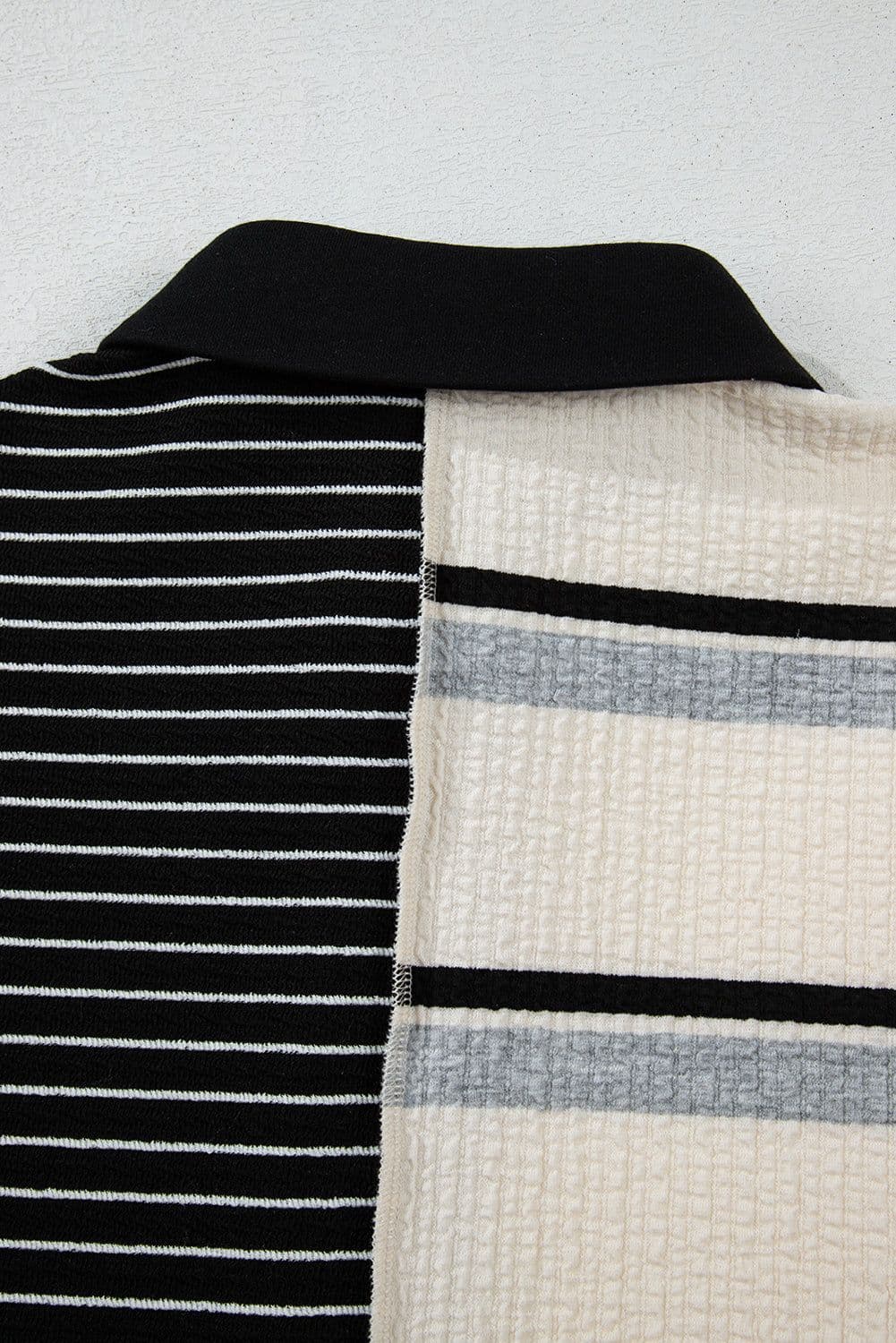 image-Black Stripe Knit Henley Collar Shift Dress - Long Sleeve, Mini Dress