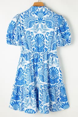 image-Sky Blue Retro Floral Print Drawstring Mini Dress