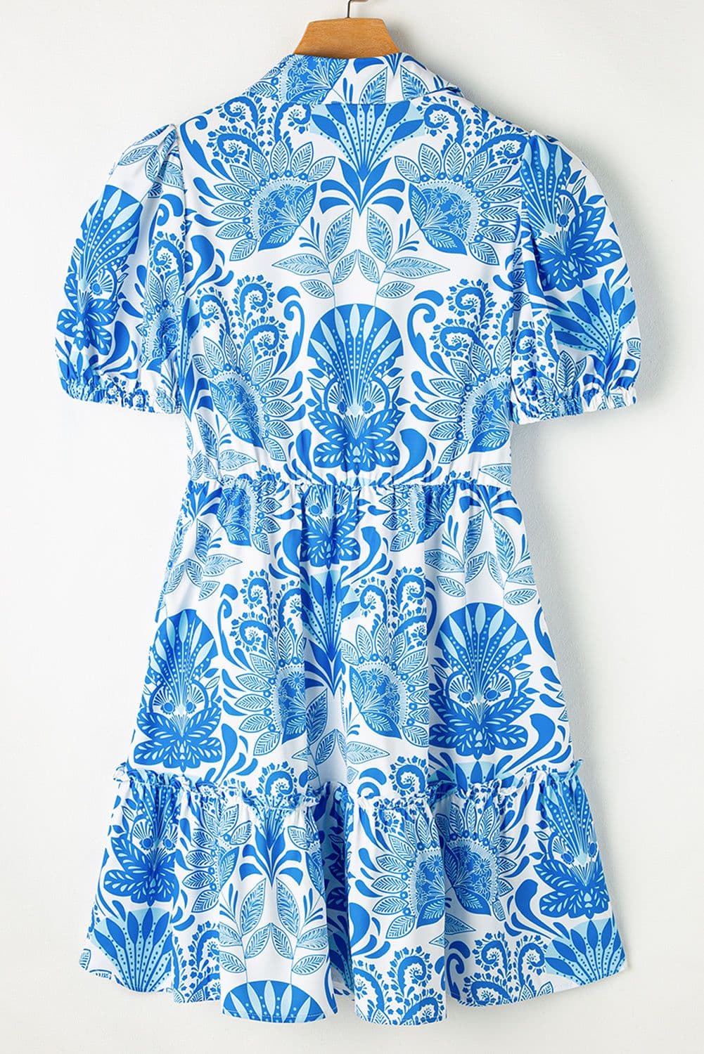 image-Sky Blue Retro Floral Print Drawstring Mini Dress