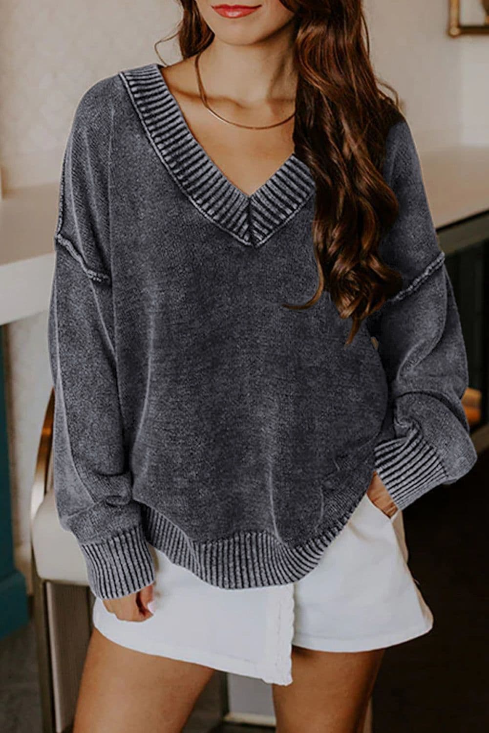image-Four Leaf Clover Mineral Wash V Neck Knit Exposed Seam Drop Shoulder Loose Sweater