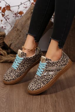 image-Leopard Print Faux Suede Lace Up Sneakers - Coffee Brown
