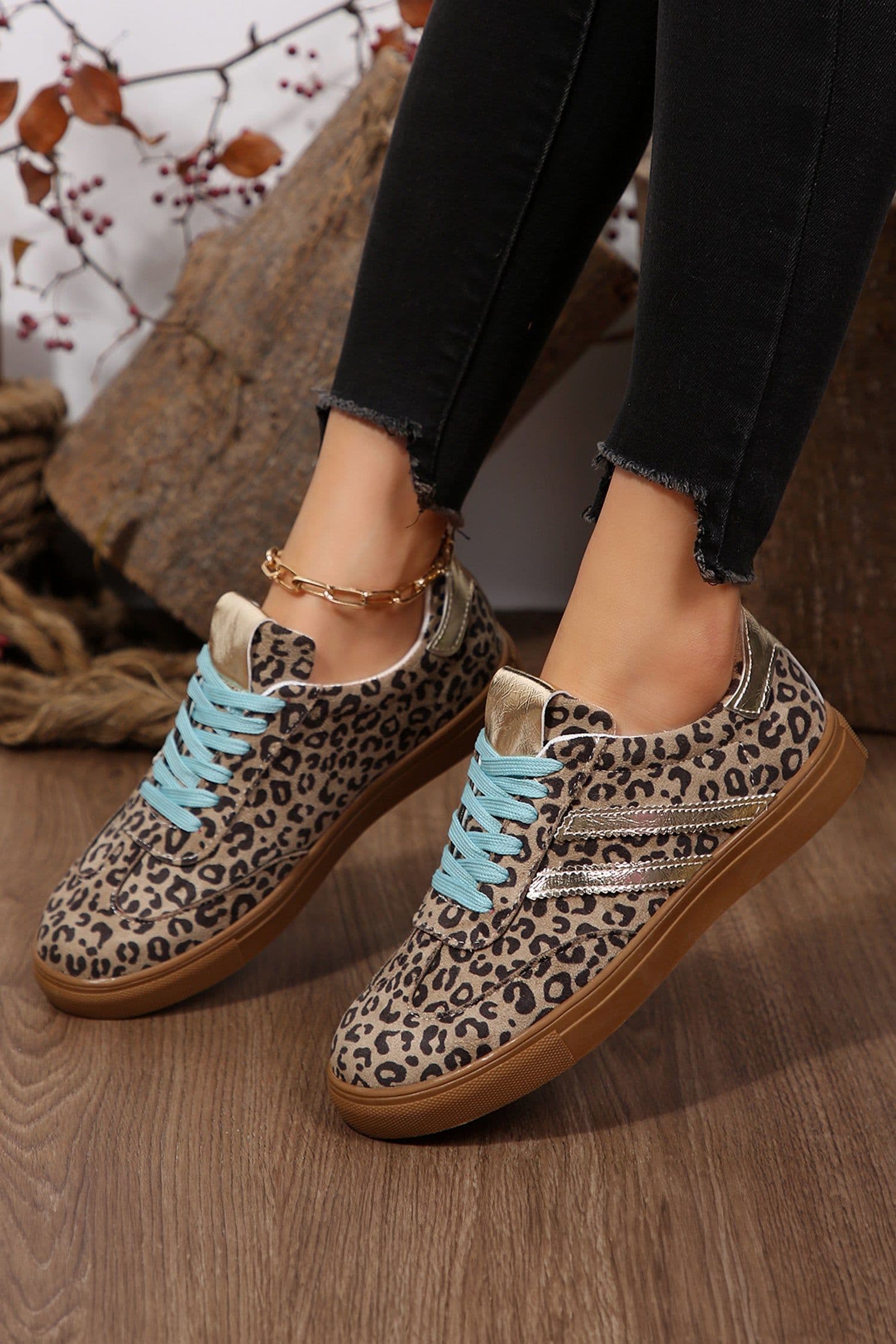 image-Leopard Print Faux Suede Lace Up Sneakers - Coffee Brown