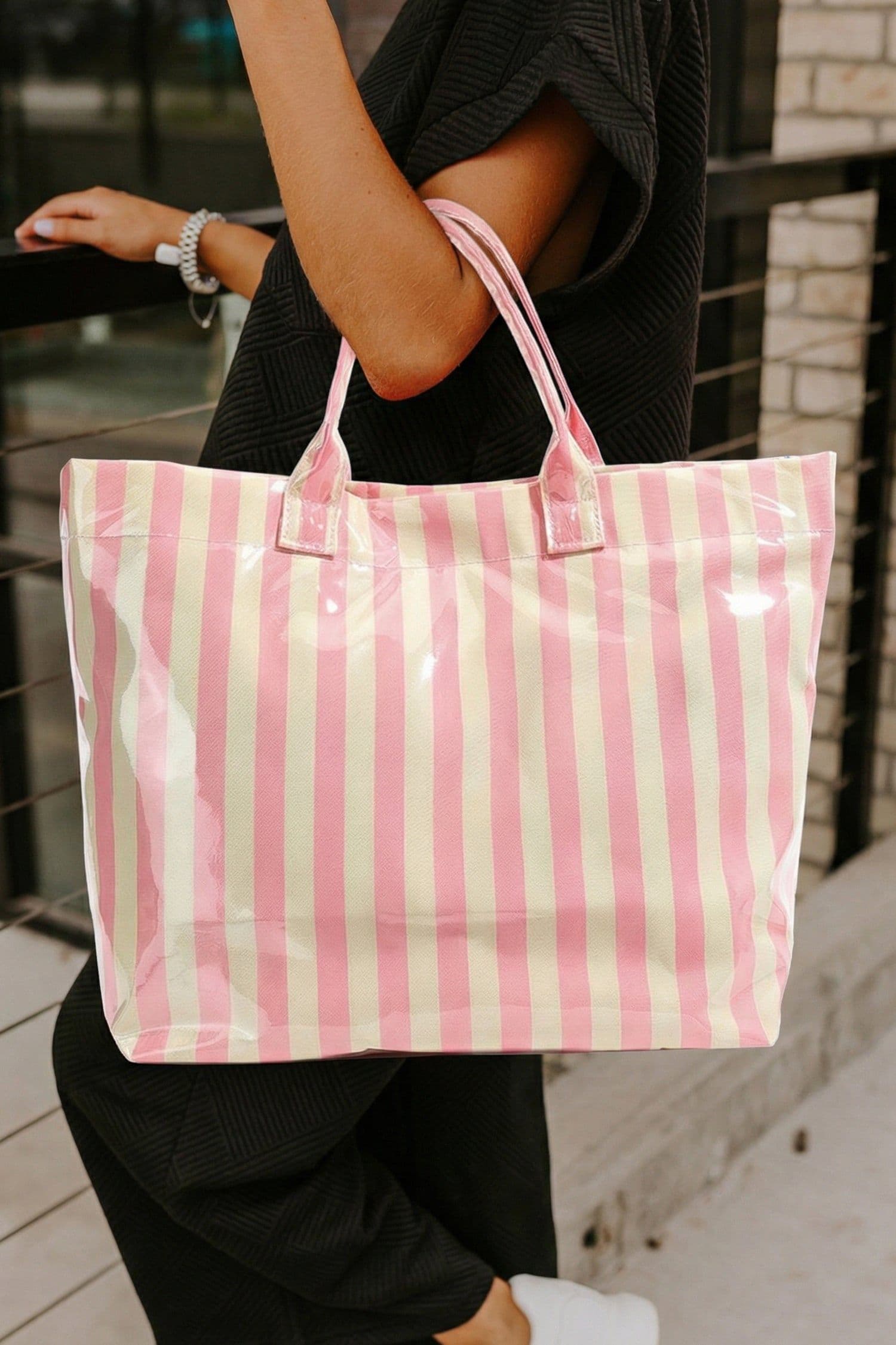 image-Black Glossy Striped Vinyl Large Tote Bag
