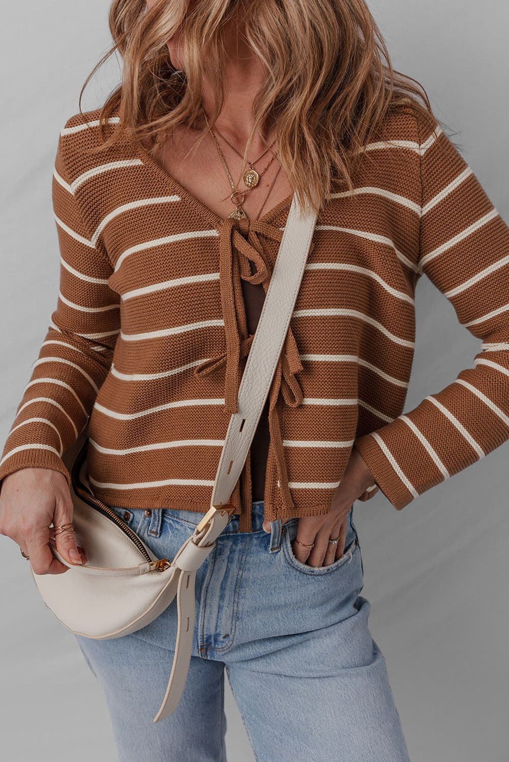 image-Chestnut Tie Front Striped Knit Cardigan V Neck
