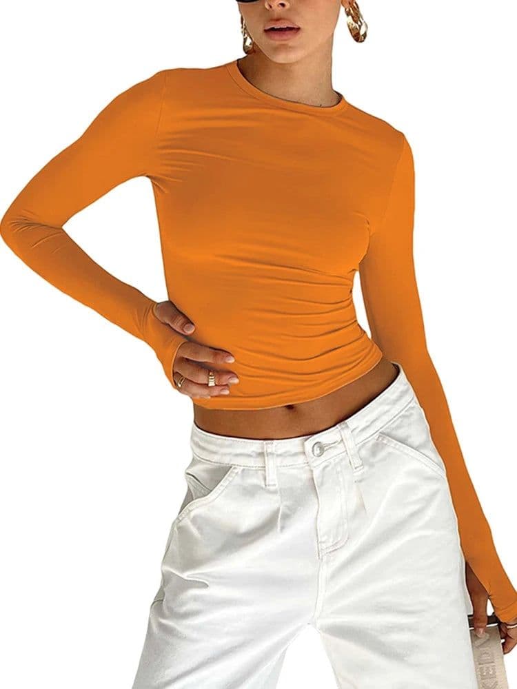 image-Fashion Women T-shirt Long Sleeve Crew Neck Solid Slim Fit Ladies Crop Top with Thumb Holes for Daily Streetwear Summer Camis