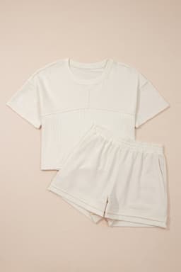 image-Jet Stream Solid Color Contrast Textured Patchwork Raw Edge 2pcs Short Set
