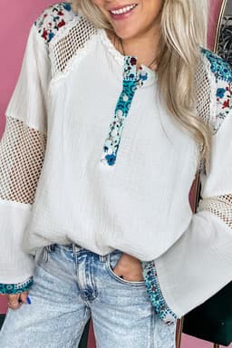image-White Mesh Patched Color Block Half Button Blouse