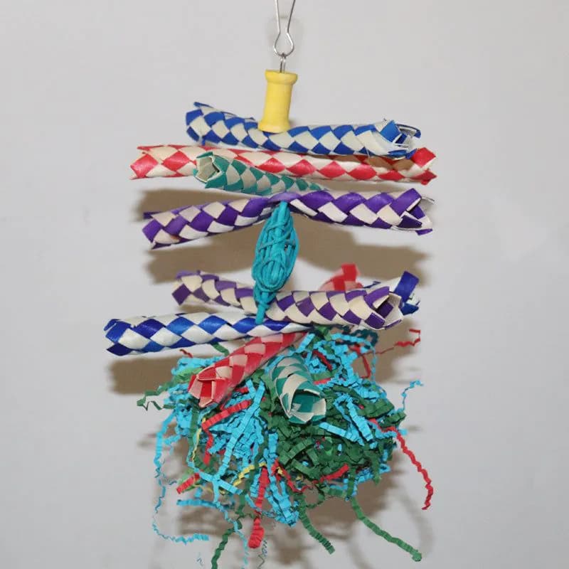 image-Colorful Shredded Paper And Rattan Weaving Wooden Gnawing Bird Cage Decoration