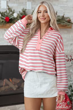 image-Red Stripe V-Neck Collared Button Top - Drop Shoulder