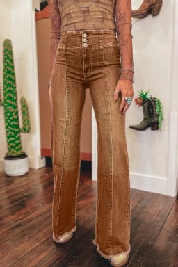 image-Coffee High Waist Flare Jeans - Button Fly Raw Hem
