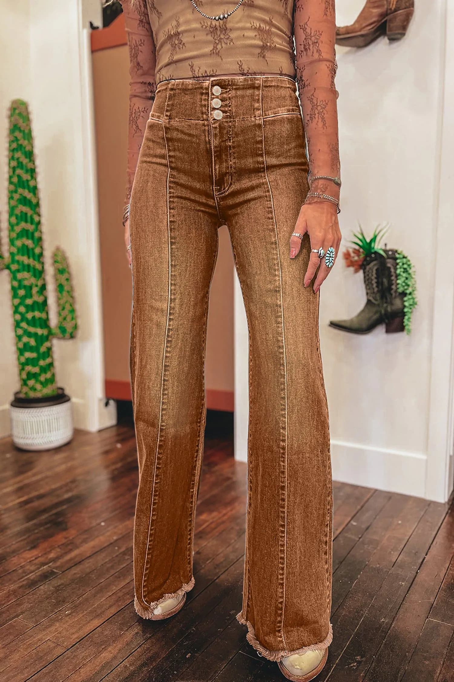 image-Coffee High Waist Flare Jeans - Button Fly Raw Hem