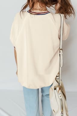 image-Beige Contrast Varsity Striped Neckline Cuffed Short Sleeve Loose Tunic Top
