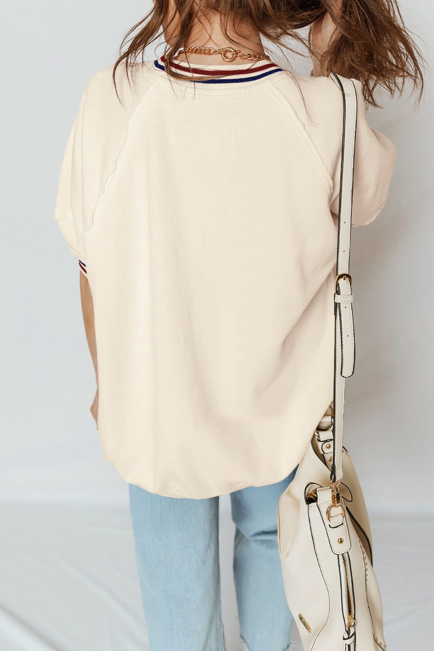 image-Beige Contrast Varsity Striped Neckline Cuffed Short Sleeve Loose Tunic Top
