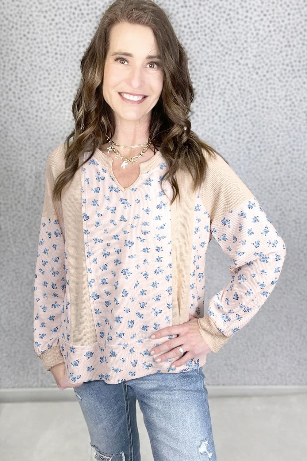 image-Beige Waffle Knit Floral Color Block Top