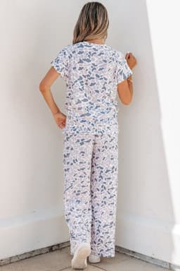 image-Beige Camouflage Print Twisted Rib Loose Tee Drawstring Pants Set