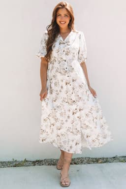image-Khaki Floral Puff Sleeve V Neck Maxi Dress