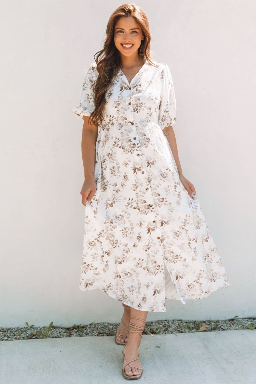 image-Khaki Floral Puff Sleeve V Neck Maxi Dress