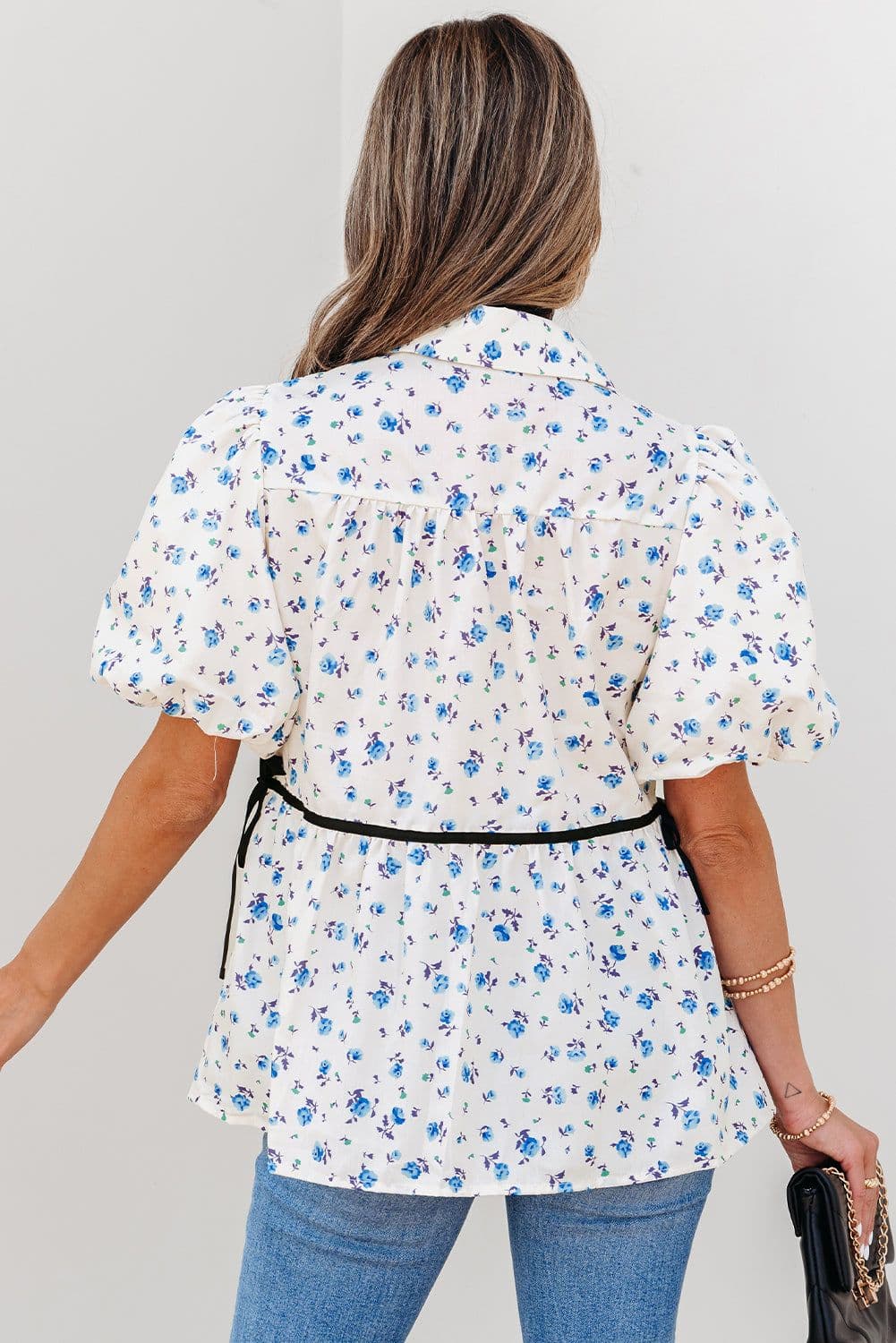 image-White Contrast Trim Floral Puff Short Sleeve Shirt
