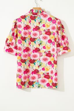 image-Pink Floral Frilled V Neck Puff Short Sleeve Blouse