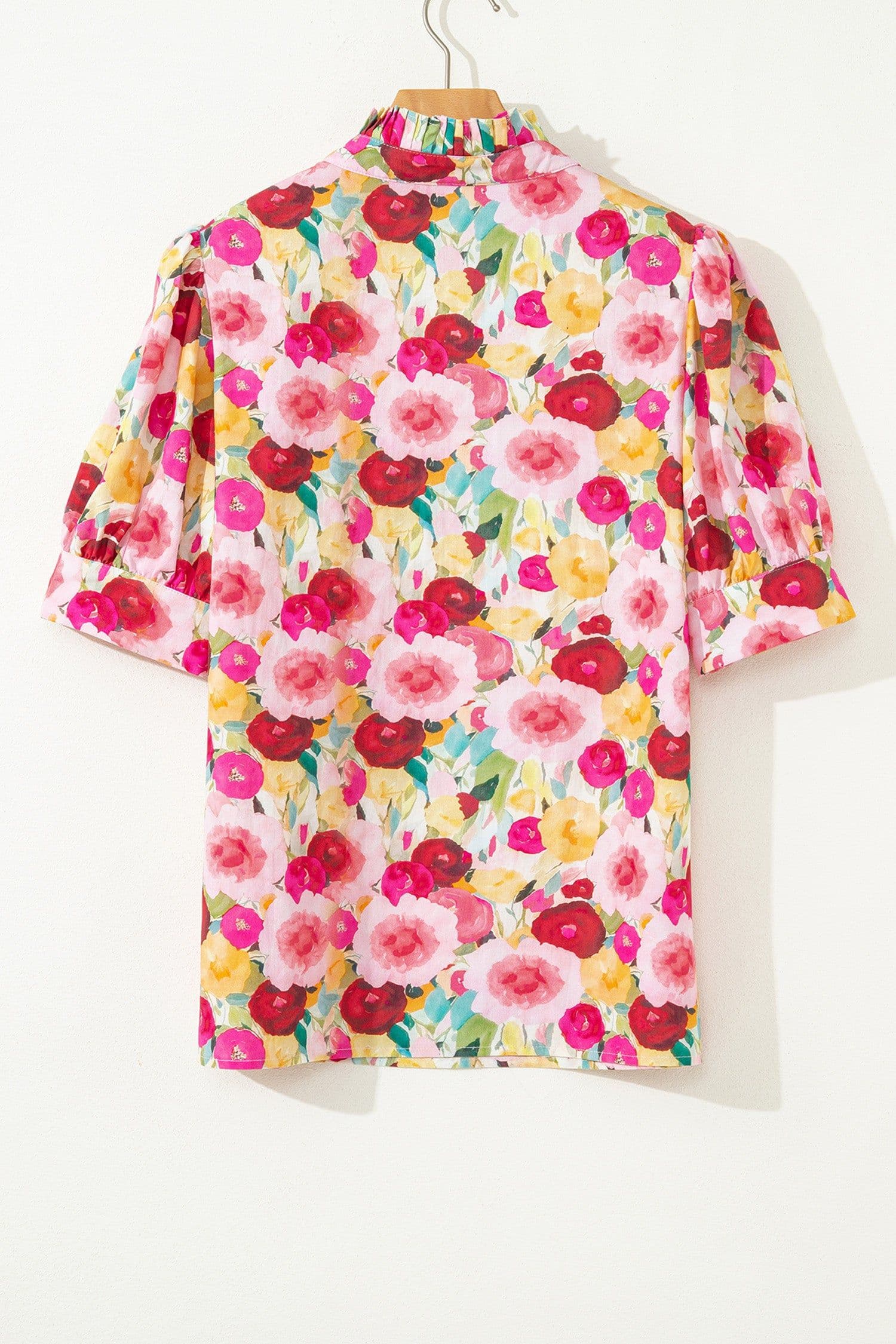 image-Pink Floral Blouse - Frilled V Neck Puff Sleeve