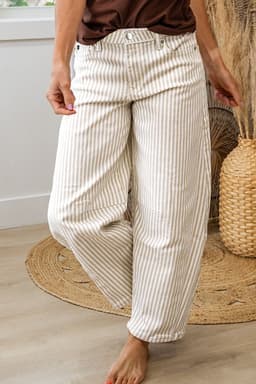 image-Khaki Stripe Casual Barrel Jeans - Striped Denim Pants