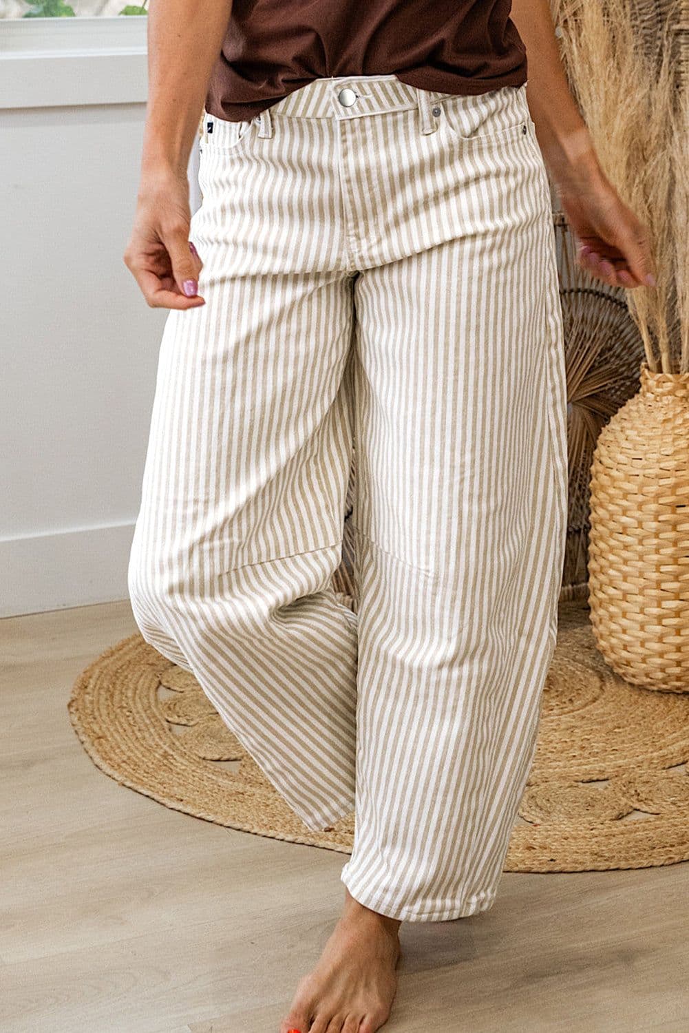 image-Khaki Stripe Casual Barrel Jeans - Striped Denim Pants