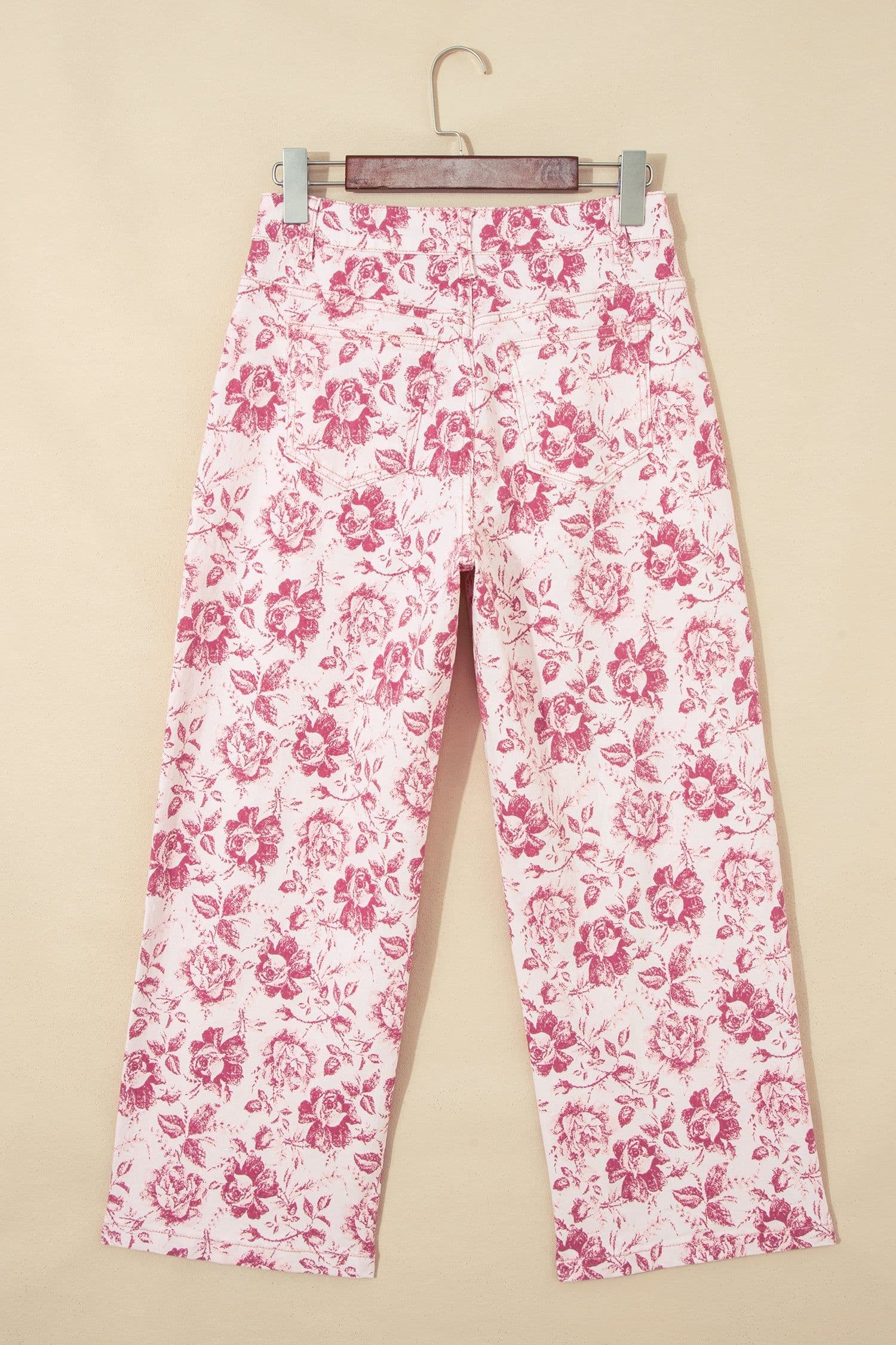 image-Pink Vintage Floral Print Denim Shift Pants
