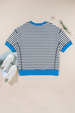 image-Pink Stripe Oversized Contrast Trim Exposed Seam High Low T Shirt