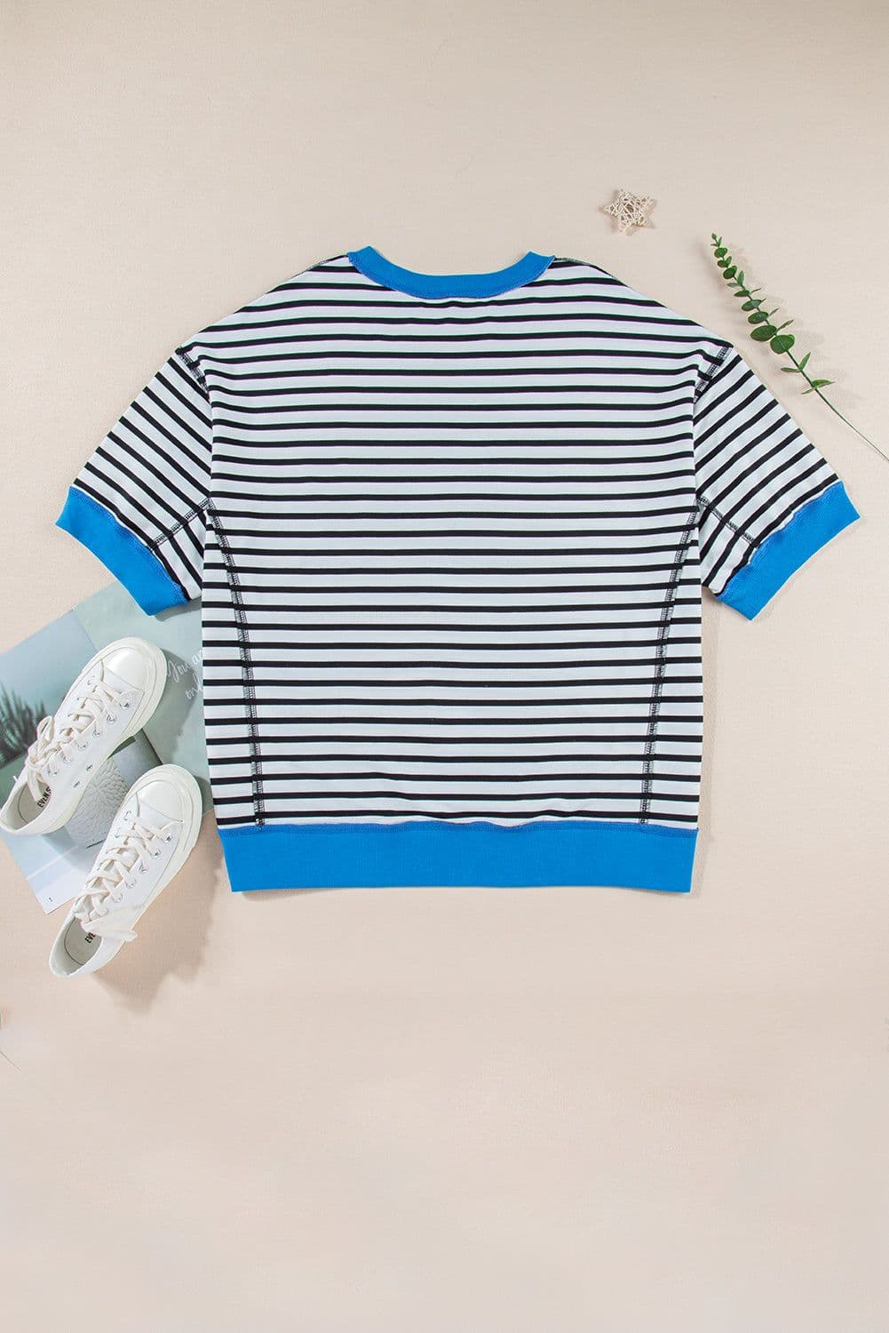 image-Pink Stripe Oversized Contrast Trim Exposed Seam High Low T Shirt