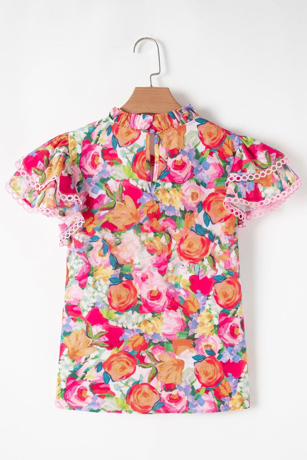 image-Floral Short Sleeve Ruffled Lace Trim Blouse (58 characters)