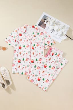 image-Pink Christmas Spirit Cute Holiday Print Short Sleeve Shirt and Pants 2pcs Pajama Set